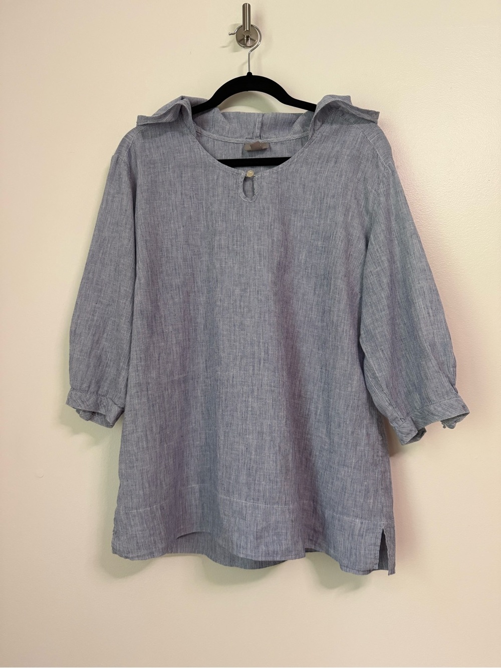 J. Jill Blue & White Striped Linen Cotton Hooded Popover Blouse Top - Size M